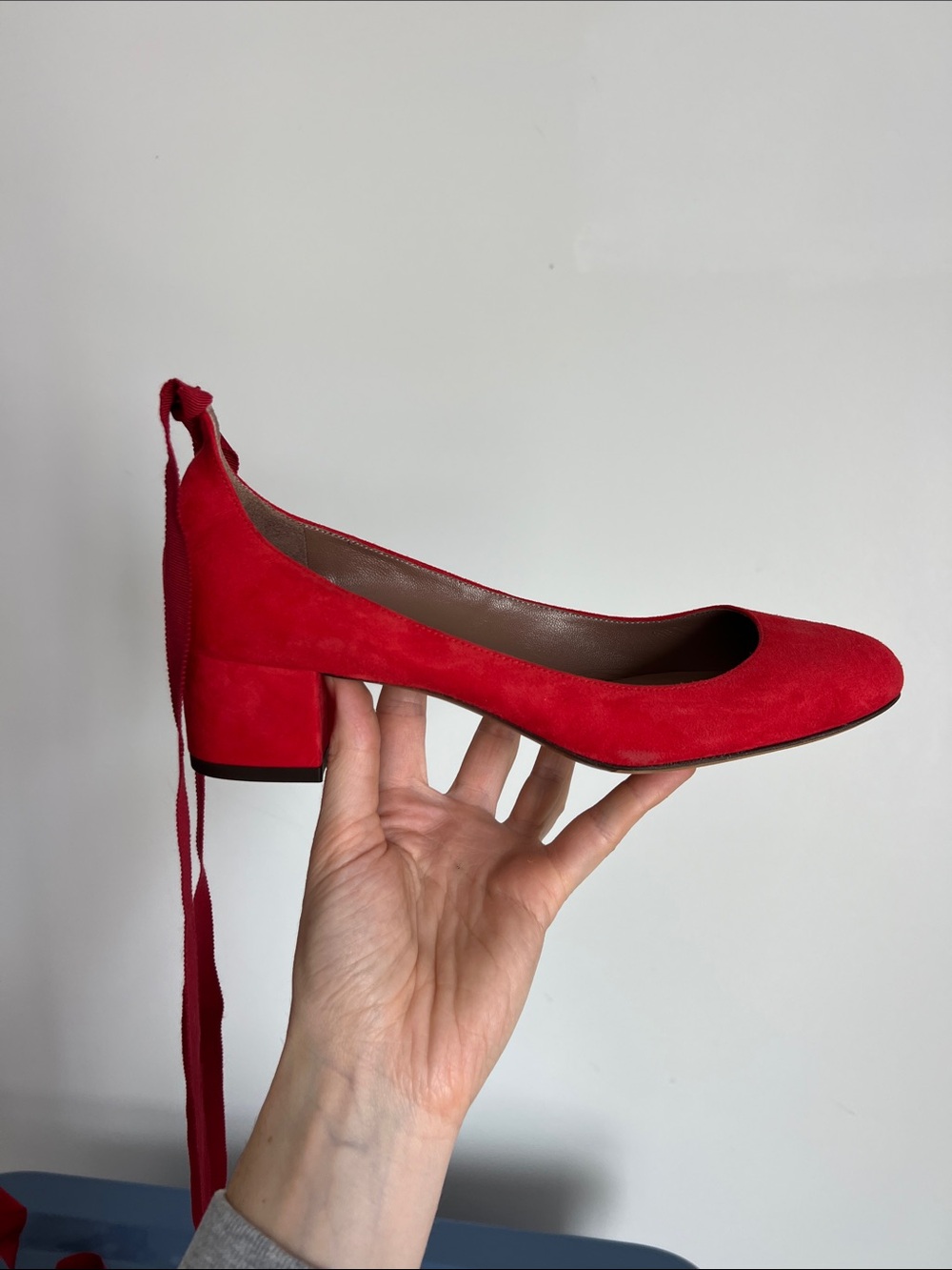 Tabitha Simmons red suede block low heels with ribbon wrap around ankle bows 38 - Picture 12 of 16